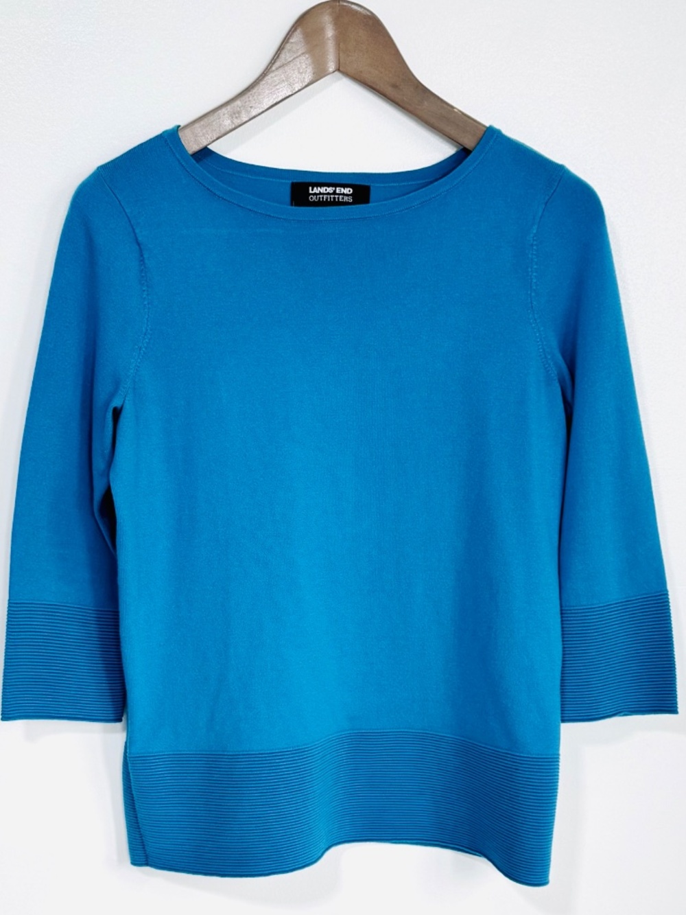 Lands' End Boatneck Knit Sweater 3/4 Sleeve Ribbed Trim Deep Turquoise Blue